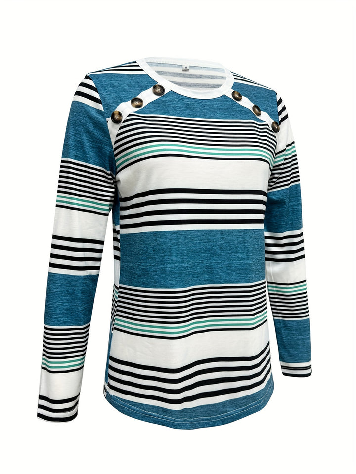 Elegant Women's Striped Long Sleeve T-Shirt with Chic Button Detail - Crew Neck, Comfort Fit, Machine Washable - Perfect for Daily Wear