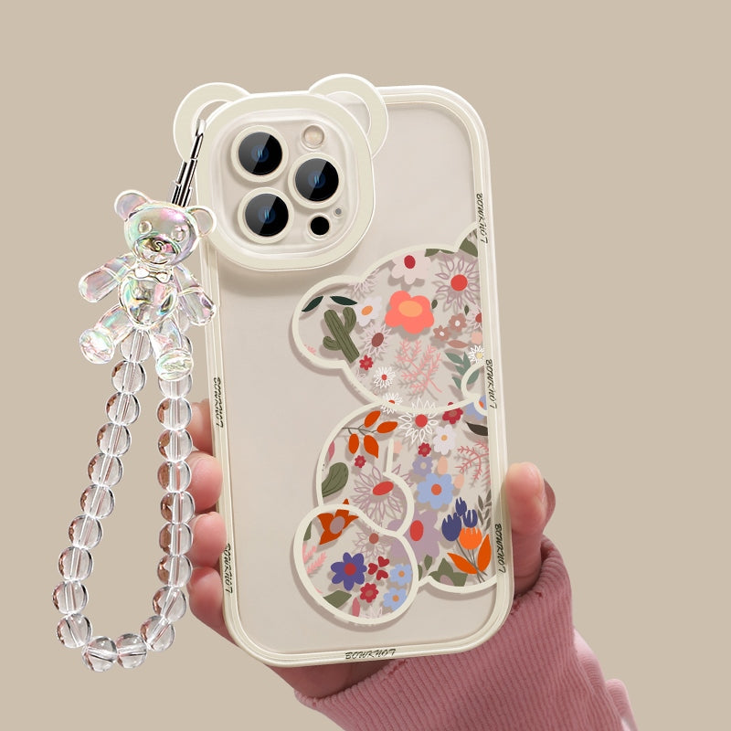 Cute Cartoon Bear & Flower Pattern Phone Case with Bead Bracelet for iPhone 13/11/14 Pro Max/12 XR/XS/7/8 Plus SE 2020/2022 SE/Mini 2022