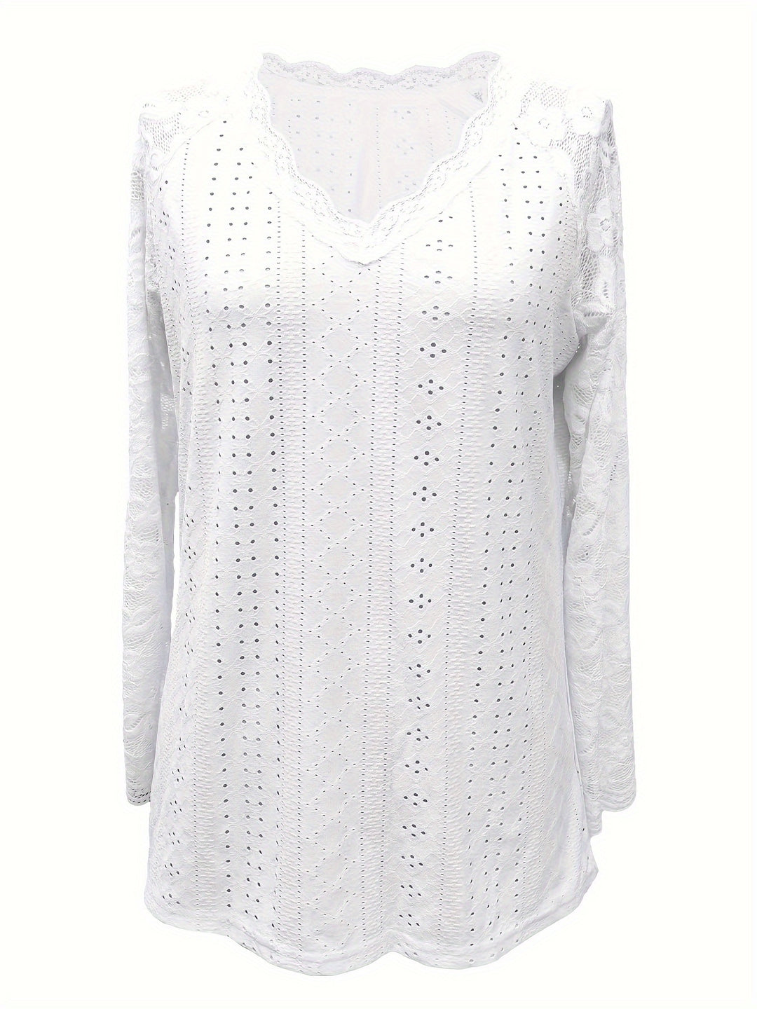 Contrast Lace V-neck Eyelet T-Shirt, Elegant Long Sleeve T-Shirt For Spring & Fall, Women's Clothing