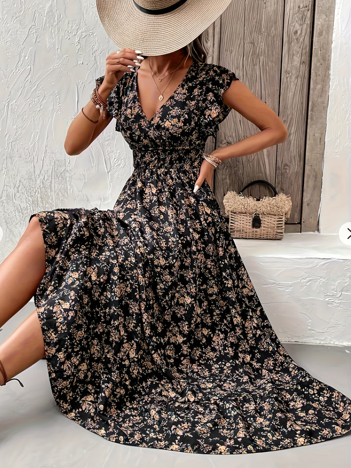 Floral Print Shirred Waist Dress, Vacation Style Ruffle Sleeve A-line Dress For Spring & Summer, Women's Clothing