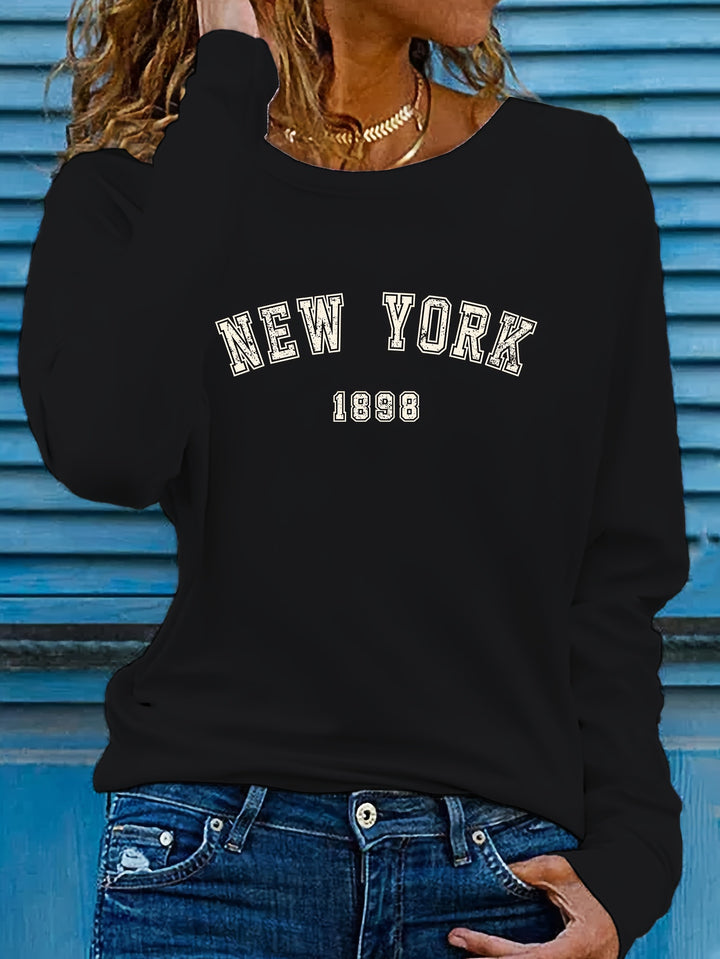 New York Print Crew Neck T-shirt, Casual Long Sleeve Top For Spring & Fall, Women's Clothing