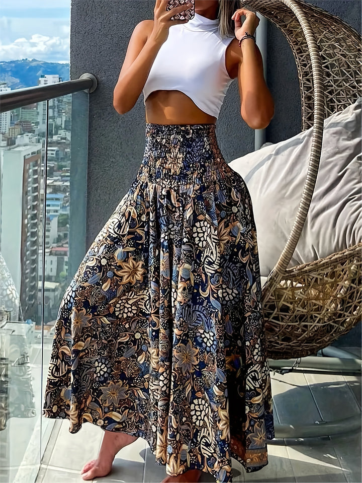 Floral Print Wide Leg Pants, Boho Shirred High Waist Loose Flare Pants For Spring & Summer, Women's Clothing