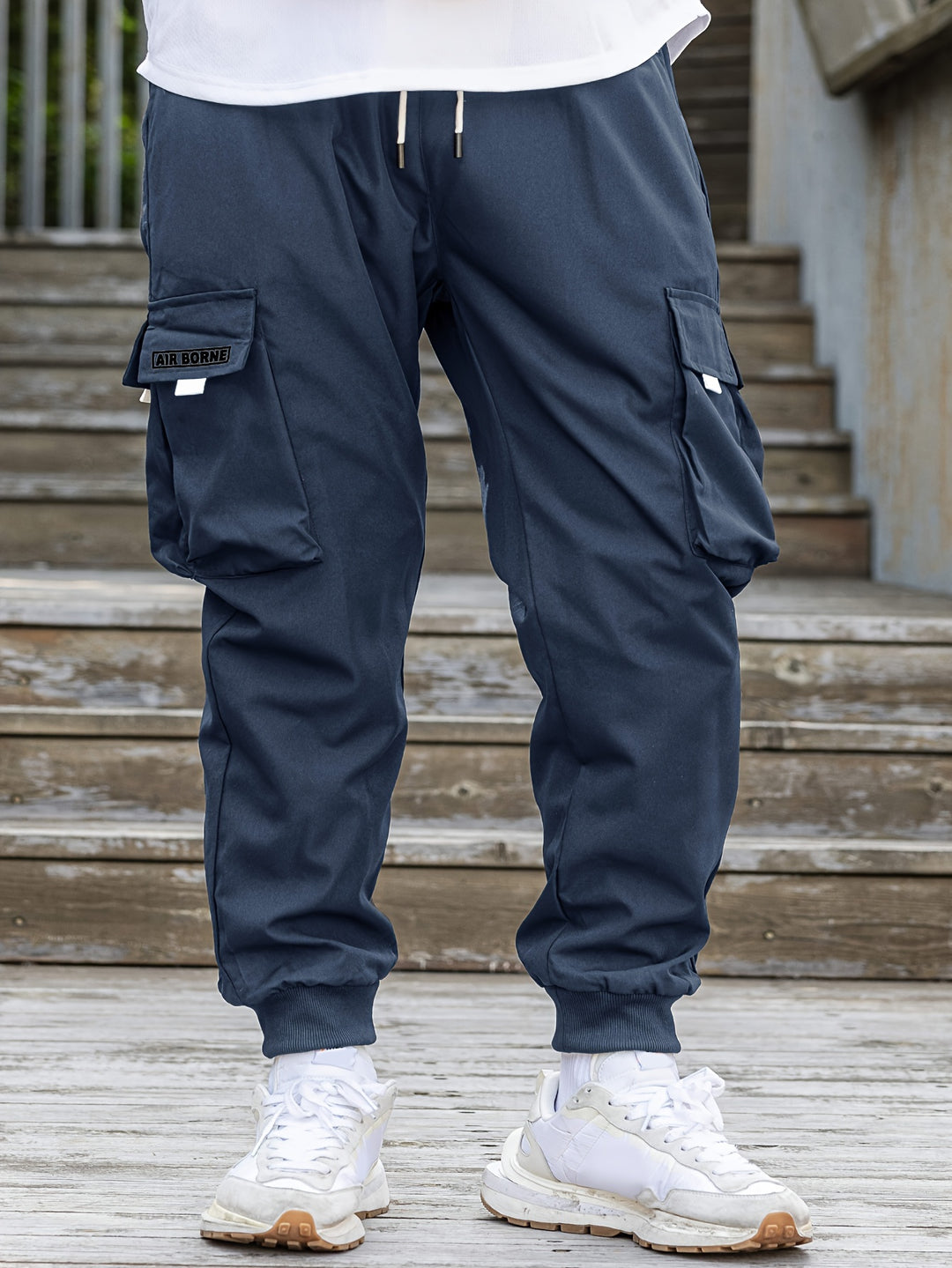 Loose Men's Comfy Cargo Pants With Flap Pockets, Drawstring Jogger Pants