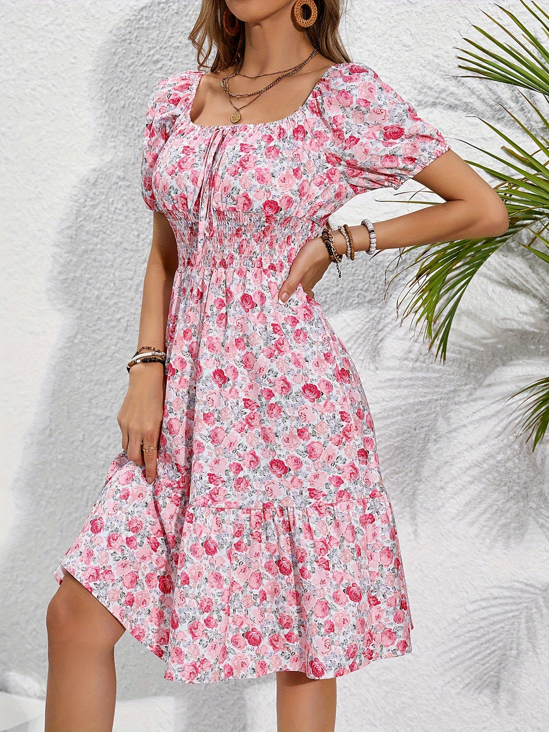 Floral Square Neck Ruffle Dress