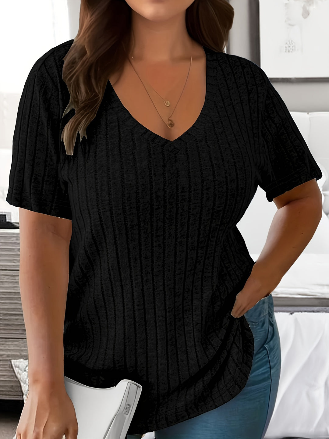 Plus Size Solid Ribbed T-Shirt, Casual V Neck Short Sleeve T-Shirt, Women's Plus Size Clothing