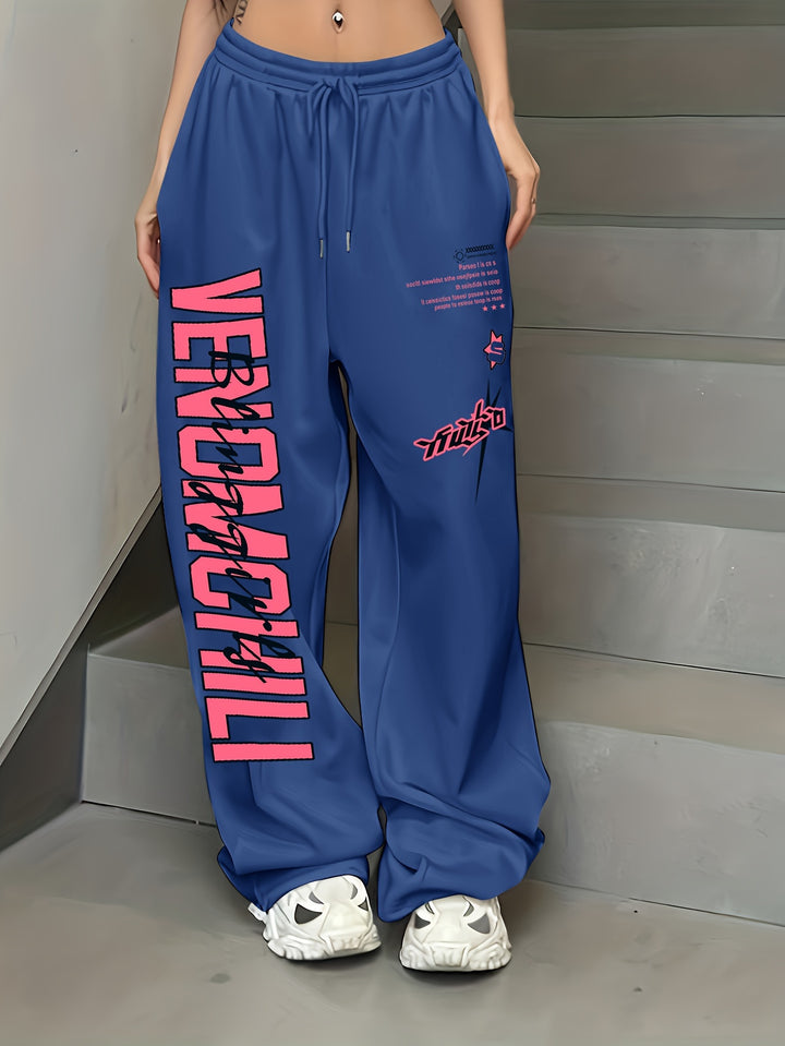 Letter Print Chic Casual Pants - Adjustable Drawstring Waist, Relaxed Loose Fit, Hip-hop Streetwear Style - Perfect for Womens Everyday Fashion