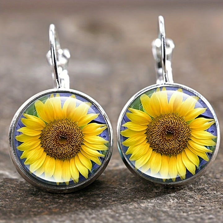 Vintage Time Gemstone Glass Earrings Sunflower Tree Butterfly Pattern Ear Jewelry