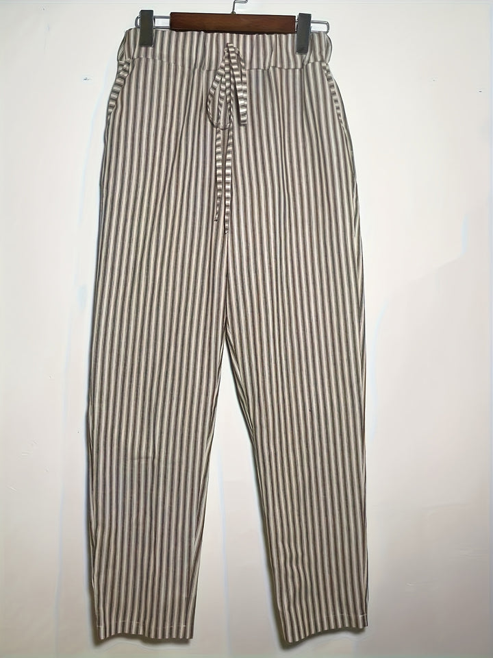 Womens Breathable Striped Drawstring Pants - Lightweight Pocketed Spring/Summer Casual Wear