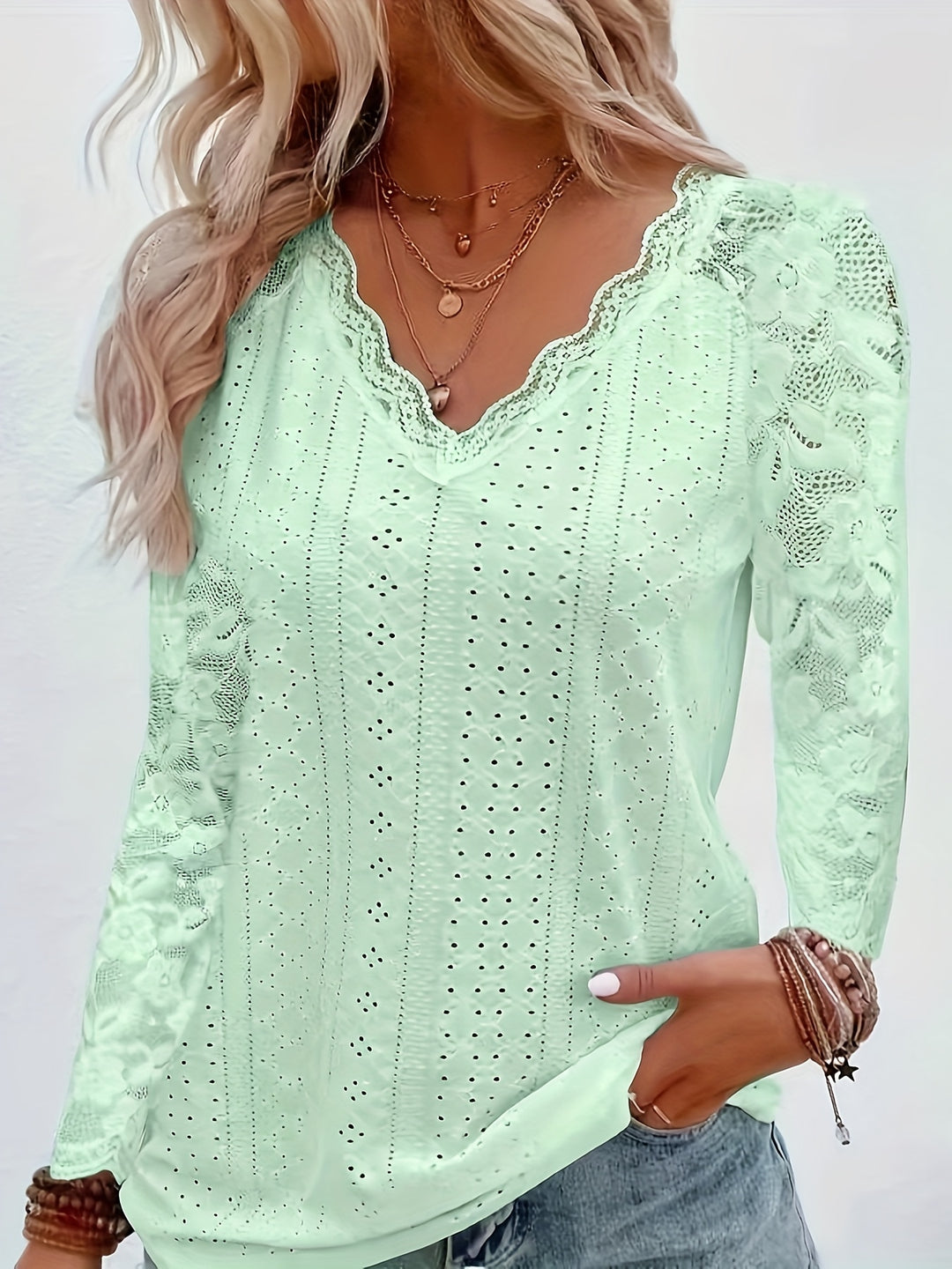 Contrast Lace V-neck Eyelet T-Shirt, Elegant Long Sleeve T-Shirt For Spring & Fall, Women's Clothing