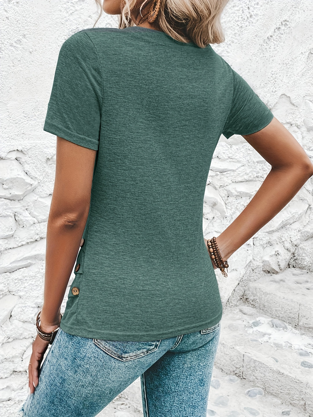 Chic Green V-Neck T-Shirt with Decorative Buttons - Casual Short Sleeve Top, Polyester & Spandex Blend, Machine Washable - Perfect for Spring/Summer/Fall