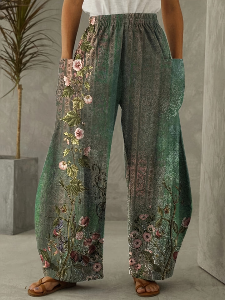 Flattering Floral Wide Leg Pants - Fashionable Slant Pockets, Relaxed Fit for Casual Daily Wear, Ideal Womens Clothing for Stylish Comfort