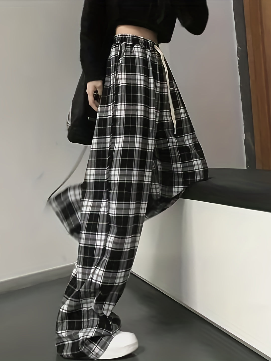 Women's Plaid Gothic Pants with Elastic Waist and Loose Wide Legs