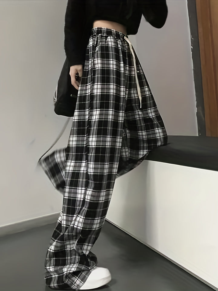 Women's Plaid Gothic Pants with Elastic Waist and Loose Wide Legs