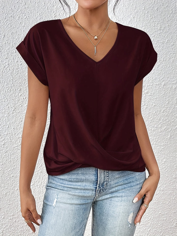 Knot V Neck T-Shirt, Casual Short Sleeve T-Shirt For Spring & Summer, Women's Clothing