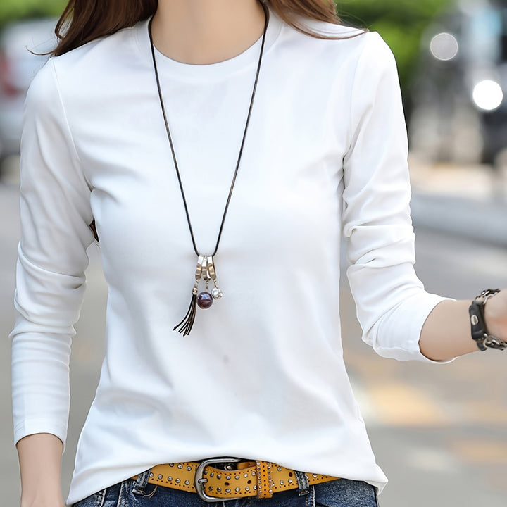 Solid Long Sleeve T-Shirt, Crew Neck Casual Every Day Top For Spring & Fall, Women's Clothing