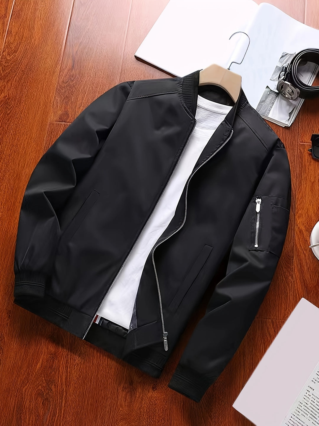 Men's Lightweight Casual Bomber Jacket - High-Quality Polyester, Zip-Up, Stand Collar, Long Sleeve - Perfect for Spring & Fall, Baseball Jacket, Flight Jacket, Conventional Version, Leisure Style