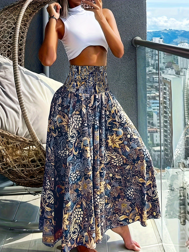 Vibrant Boho Floral Print High Waist Shirred Waist Pants - Soft, Breathable, Comfortable, Versatile, and Flattering - Perfect for Spring and Summer, Womens Casual Clothing, Ideal for Outdoor Activities and Daily Wear