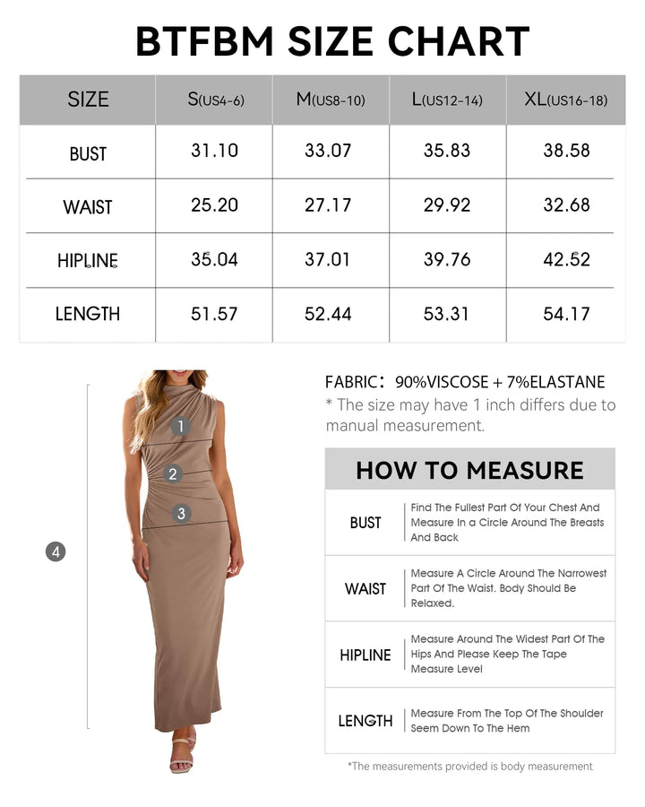 BTFBM Women's Ruched Bodycon Dress Summer Casual Sleeveless Back Slit Elegant Club Evening Party Cocktail Maxi Dresses Small Solid Khaki