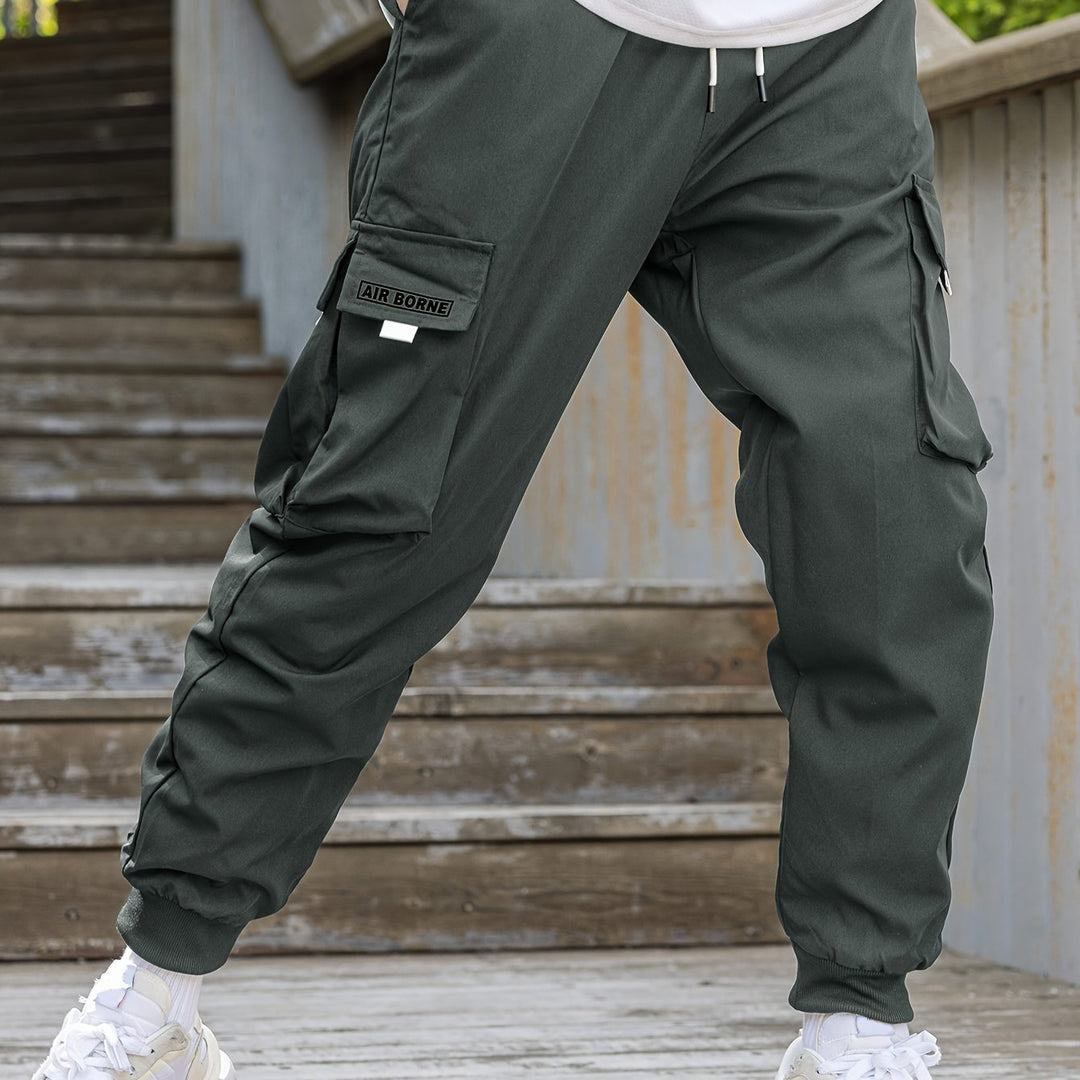 Loose Men's Comfy Cargo Pants With Flap Pockets, Drawstring Jogger Pants