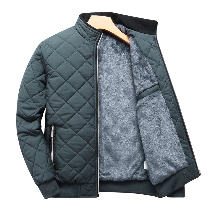 Men's Quilted Fleece-Lined Jacket - Warm & Stylish, Casual Zip-Up with Stand Collar, Long Sleeves, and Pockets - Dark Green, Polyester, Perfect for Winter, Zip Up Jacket