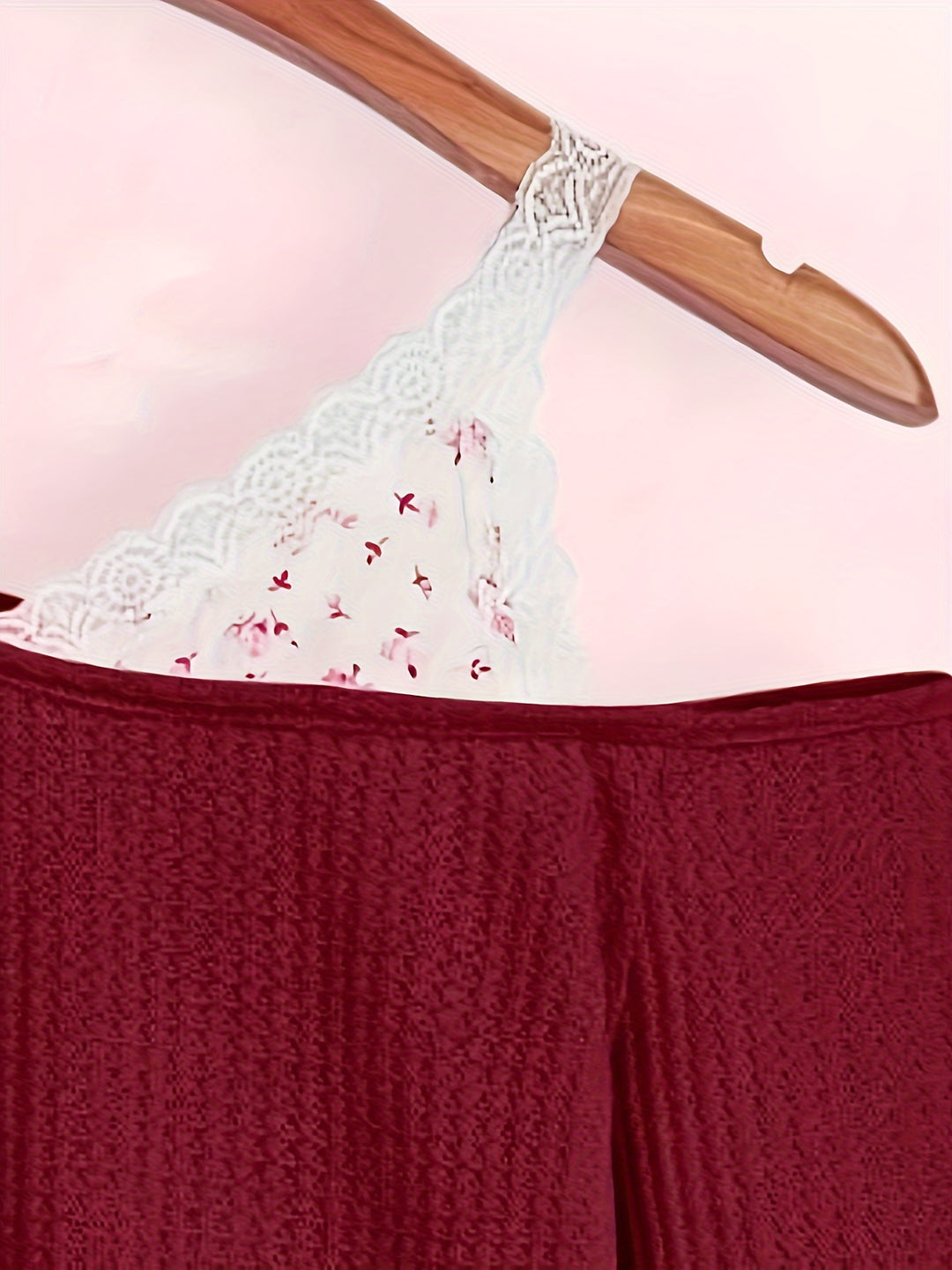 Elegant Maroon Off-Shoulder Lace Trim T-Shirt - Floral Print, Long Sleeve, Ribbed Texture, Polyester Blend, Machine Washable - Perfect for Spring & Autumn