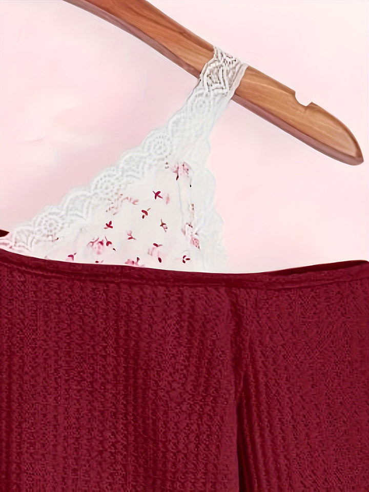 Elegant Maroon Off-Shoulder Lace Trim T-Shirt - Floral Print, Long Sleeve, Ribbed Texture, Polyester Blend, Machine Washable - Perfect for Spring & Autumn