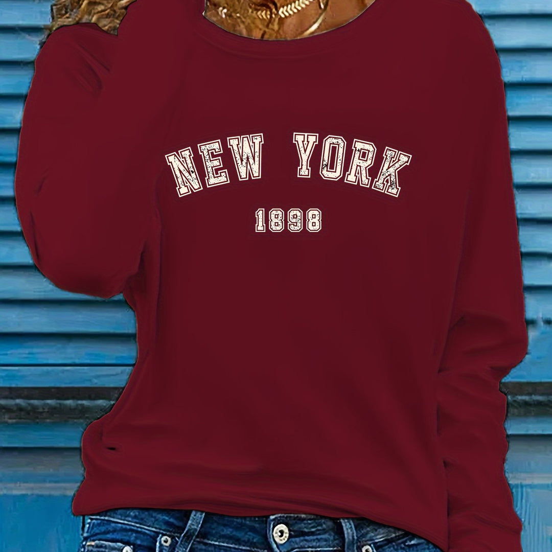 New York Print Crew Neck T-shirt, Casual Long Sleeve Top For Spring & Fall, Women's Clothing