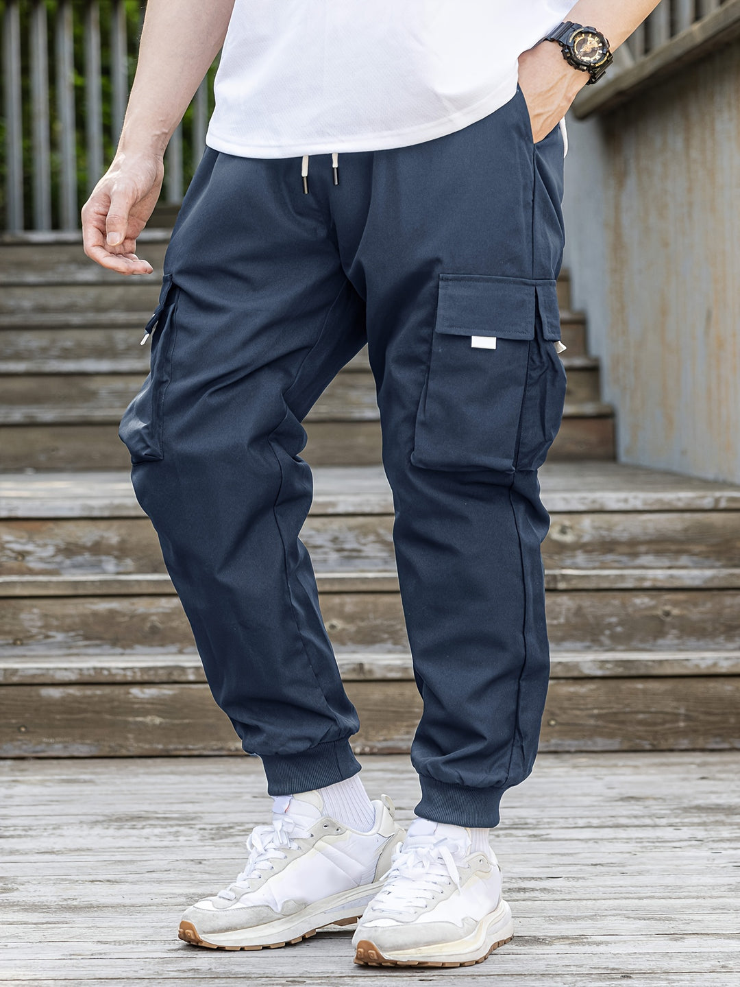 Loose Men's Comfy Cargo Pants With Flap Pockets, Drawstring Jogger Pants