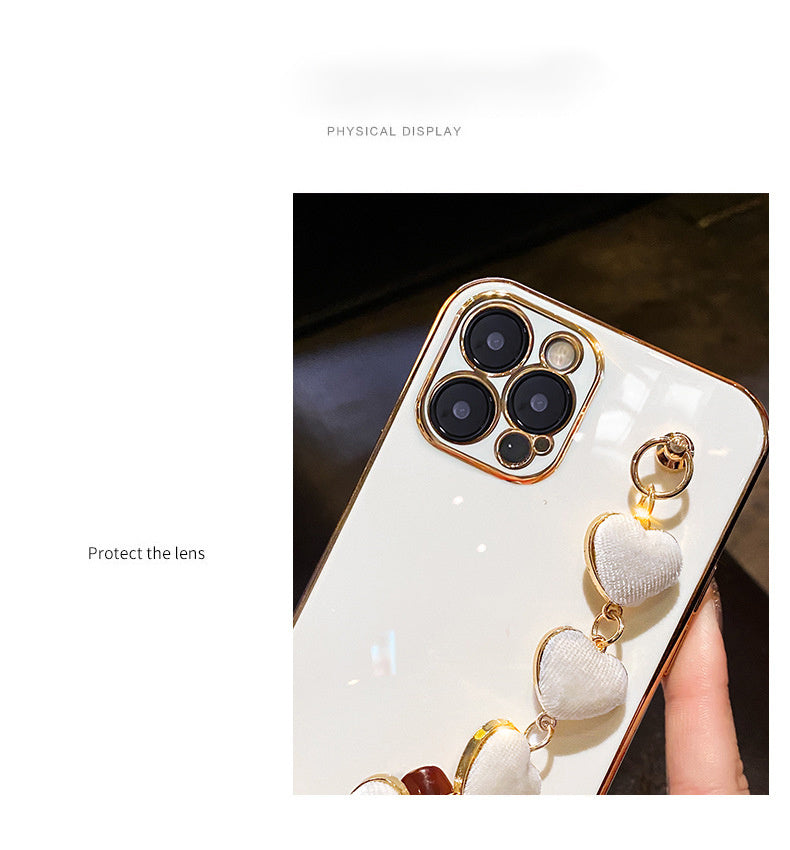 Luxury Plating Heart Metal Bracelet Phone Chain Case For IPhone 14 13 Pro Max 12 MiNi 11 MiNi XR XS X 7 8 Plus SE Cover For Iphone 13 MiNi Lens Protection Back Cover