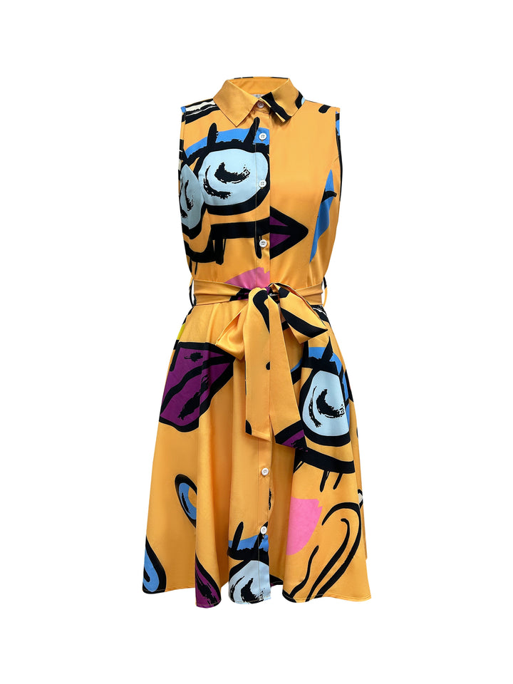 Abstract Print Sleeveless Dress – Tie-waist