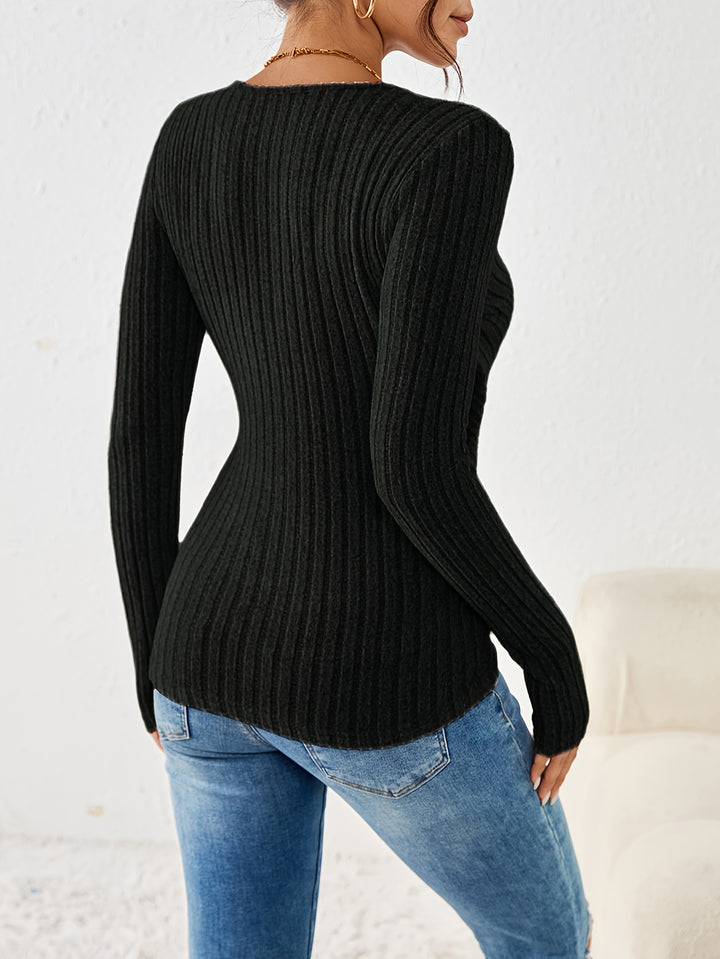 Ribbed Ruched Button Decor T-Shirt, Casual V Neck Long Sleeve Top For Spring & Fall, Women's Clothing