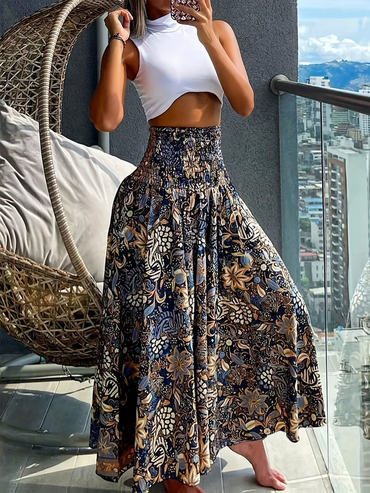 Floral Print Wide Leg Pants, Boho Shirred High Waist Loose Flare Pants For Spring & Summer, Women's Clothing