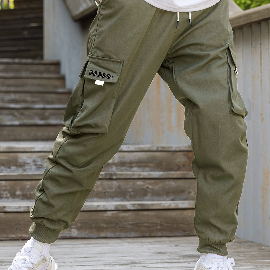 Loose Men's Comfy Cargo Pants With Flap Pockets, Drawstring Jogger Pants