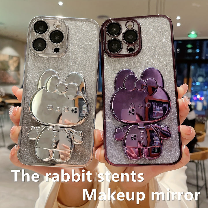 Kawaii Cat Invisible Make-up Mirror Bracket With Lens Film Gradient Flash Powder Advanced Sense All-inclusive Anti-fall Phone Case For Apple Iphone