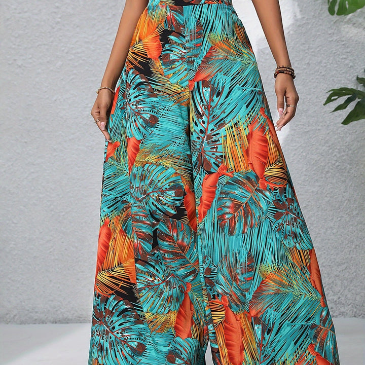 Bohemian Chic Plants Print Palazzo Pants - Casual High Waist Elastic Wide Leg - Perfect for Summer Beach Vacations - Comfortable Womens Clothing