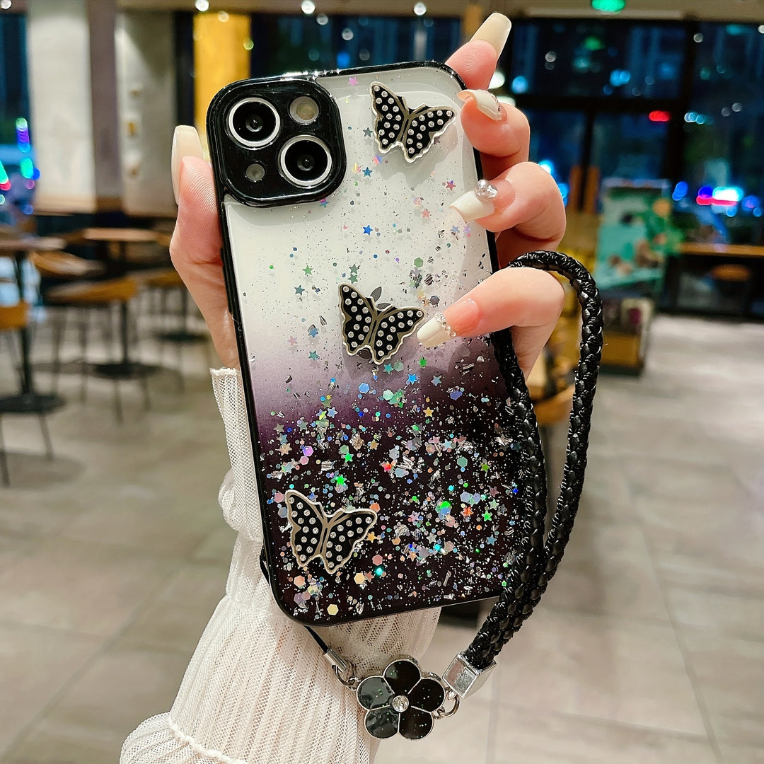 Gradually Sparkling Starry Sky Pink For IPhone 15 15Pro 15Plus 15Promax 14Pro 14Plus 14Promax 13 13Pro 13Promax 12 12Pro 12Promax 11Promax 11 Flash Rhinestone Butterfly Graphic Phone Case With Hanging Strap