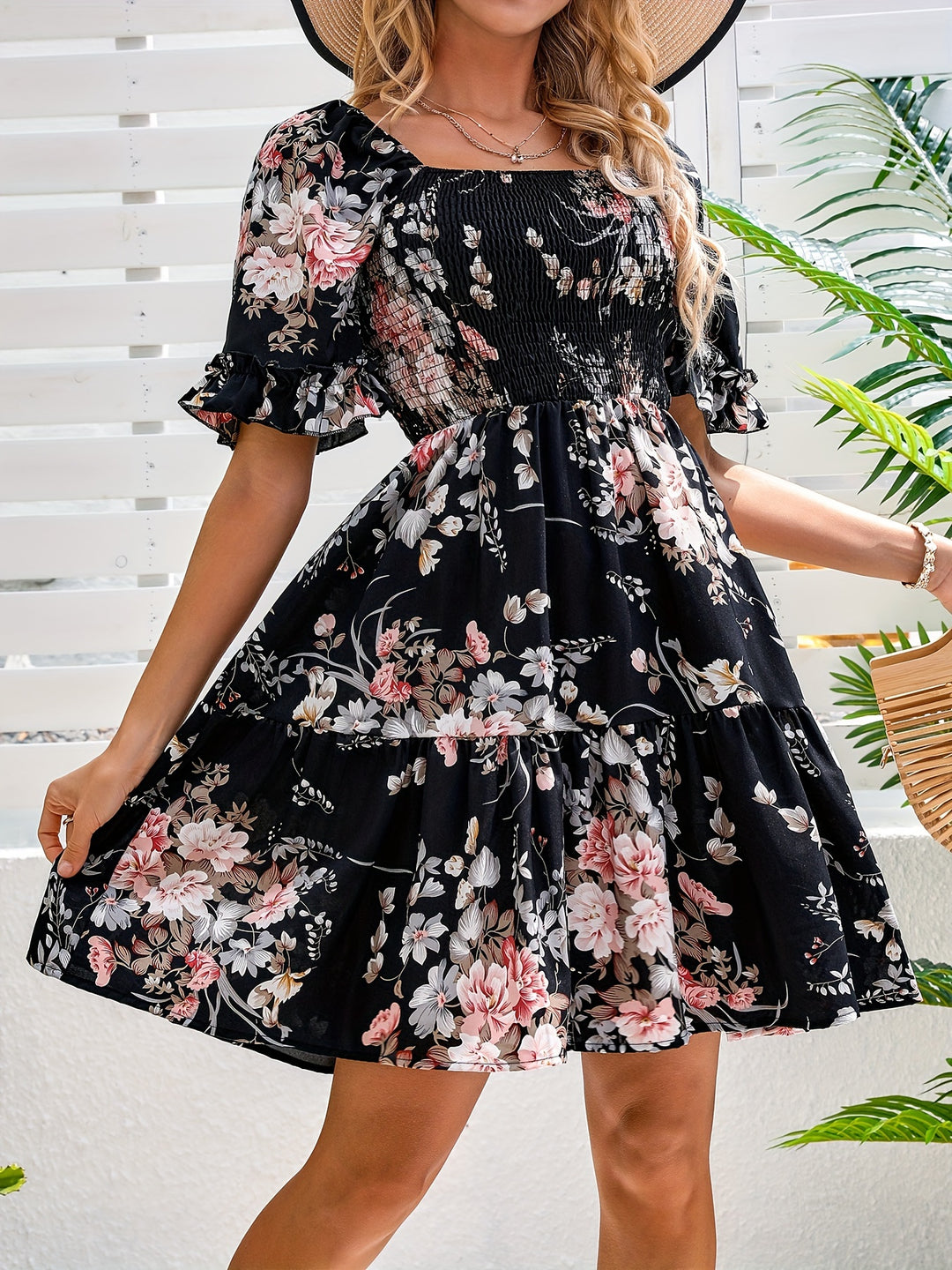 Floral Print Square Neck Shirred Dress, Elegant Short Sleeve Ruffle Hem A-line Dress for Spring & Summer, Women's Clothing