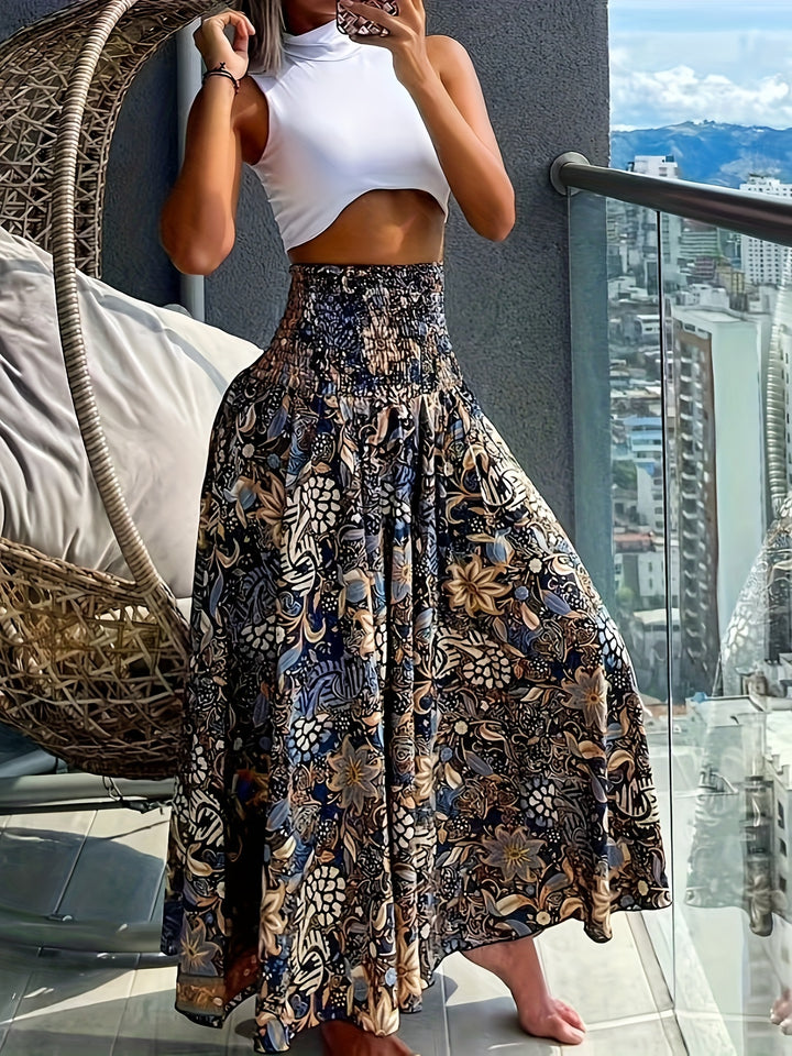 Vibrant Boho Floral Print High Waist Shirred Waist Pants - Soft, Breathable, Comfortable, Versatile, and Flattering - Perfect for Spring and Summer, Womens Casual Clothing, Ideal for Outdoor Activities and Daily Wear