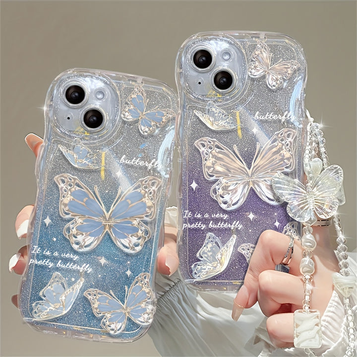 Luxury Romantic Wave Glitter Butterfly Soft Phone Case for iPhone 14 Pro Max 12 Pro 13 11 Clear Cover with Chain Lanyard