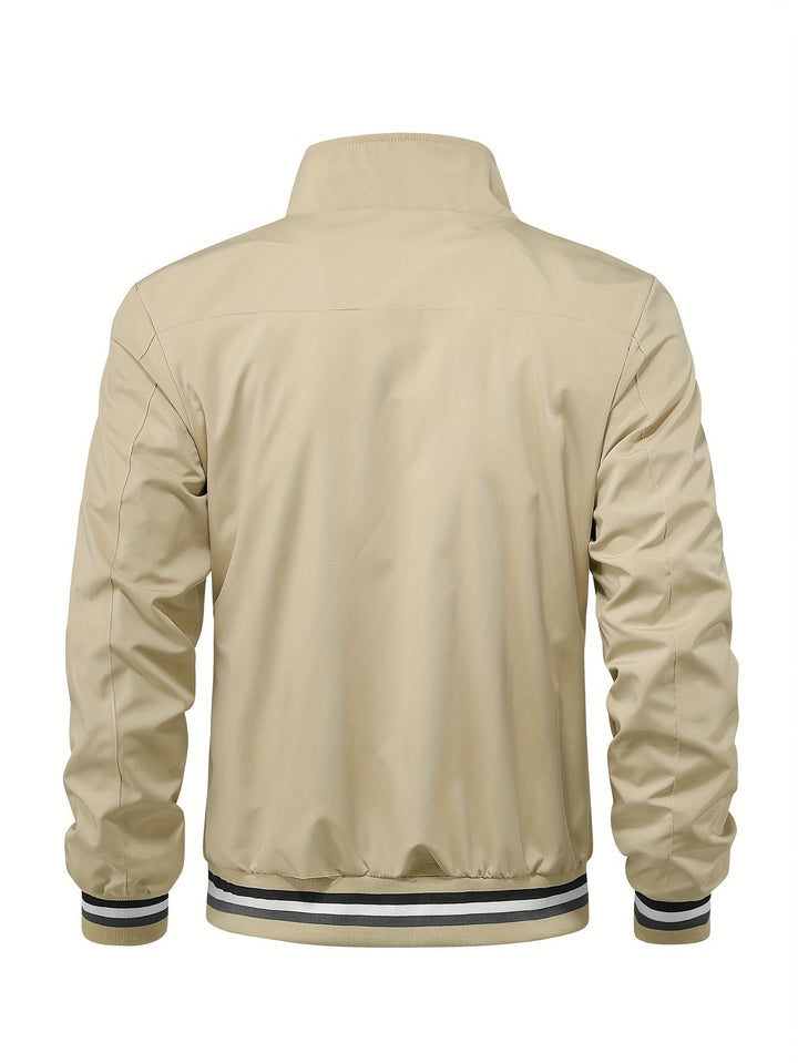 Stripe Edge Bomber Jacket, Men's Casual Stand Collar Zip Up Jacket For Spring Summer Outdoor