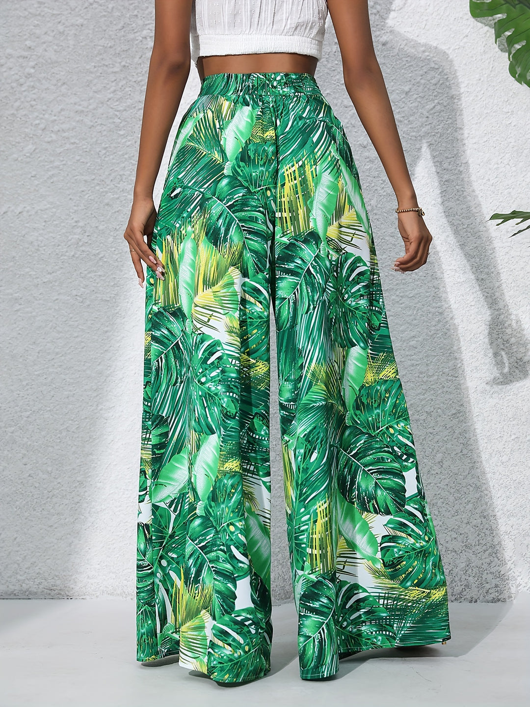 Bohemian Chic Plants Print Palazzo Pants - Casual High Waist Elastic Wide Leg - Perfect for Summer Beach Vacations - Comfortable Womens Clothing