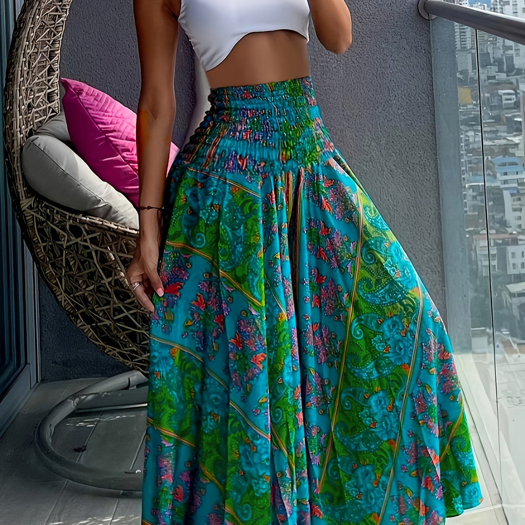 Vibrant Boho Floral Print High Waist Shirred Waist Pants - Soft, Breathable, Comfortable, Versatile, and Flattering - Perfect for Spring and Summer, Womens Casual Clothing, Ideal for Outdoor Activities and Daily Wear