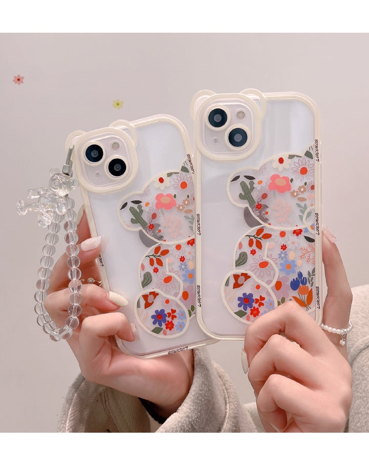 Cute Cartoon Bear & Flower Pattern Phone Case with Bead Bracelet for iPhone 13/11/14 Pro Max/12 XR/XS/7/8 Plus SE 2020/2022 SE/Mini 2022