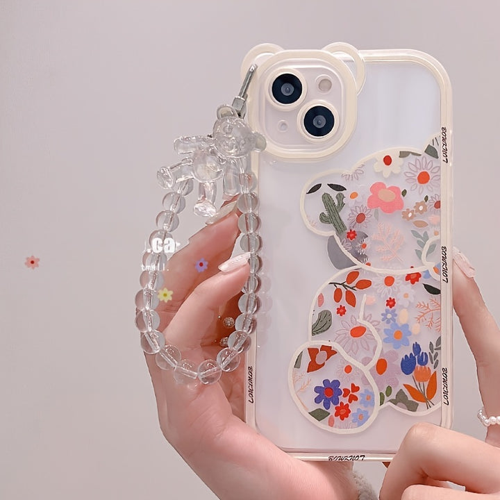 Cute Cartoon Bear & Flower Pattern Phone Case with Bead Bracelet for iPhone 13/11/14 Pro Max/12 XR/XS/7/8 Plus SE 2020/2022 SE/Mini 2022