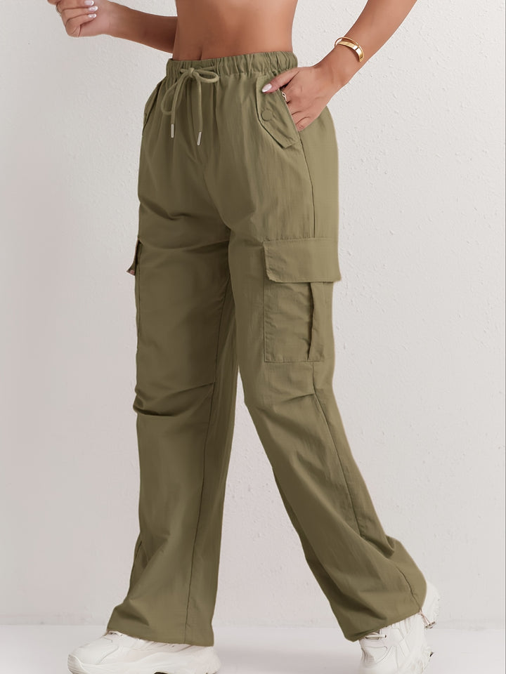 Slant Pockets Straight Leg Cargo Pants, Casual Drawstring Waist Pants For Spring & Summer, Women's Clothing