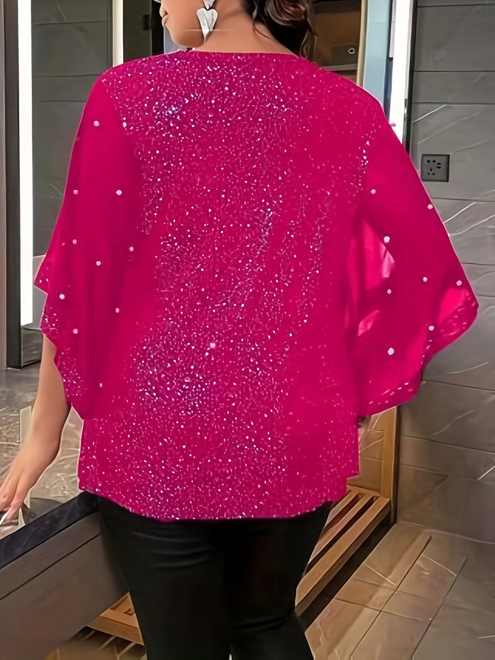 Plus Size Shiny Solid Beaded Top, Casual Crew Neck Irregular Sleeve Top For Spring & Summer, Women's Plus Size Clothing