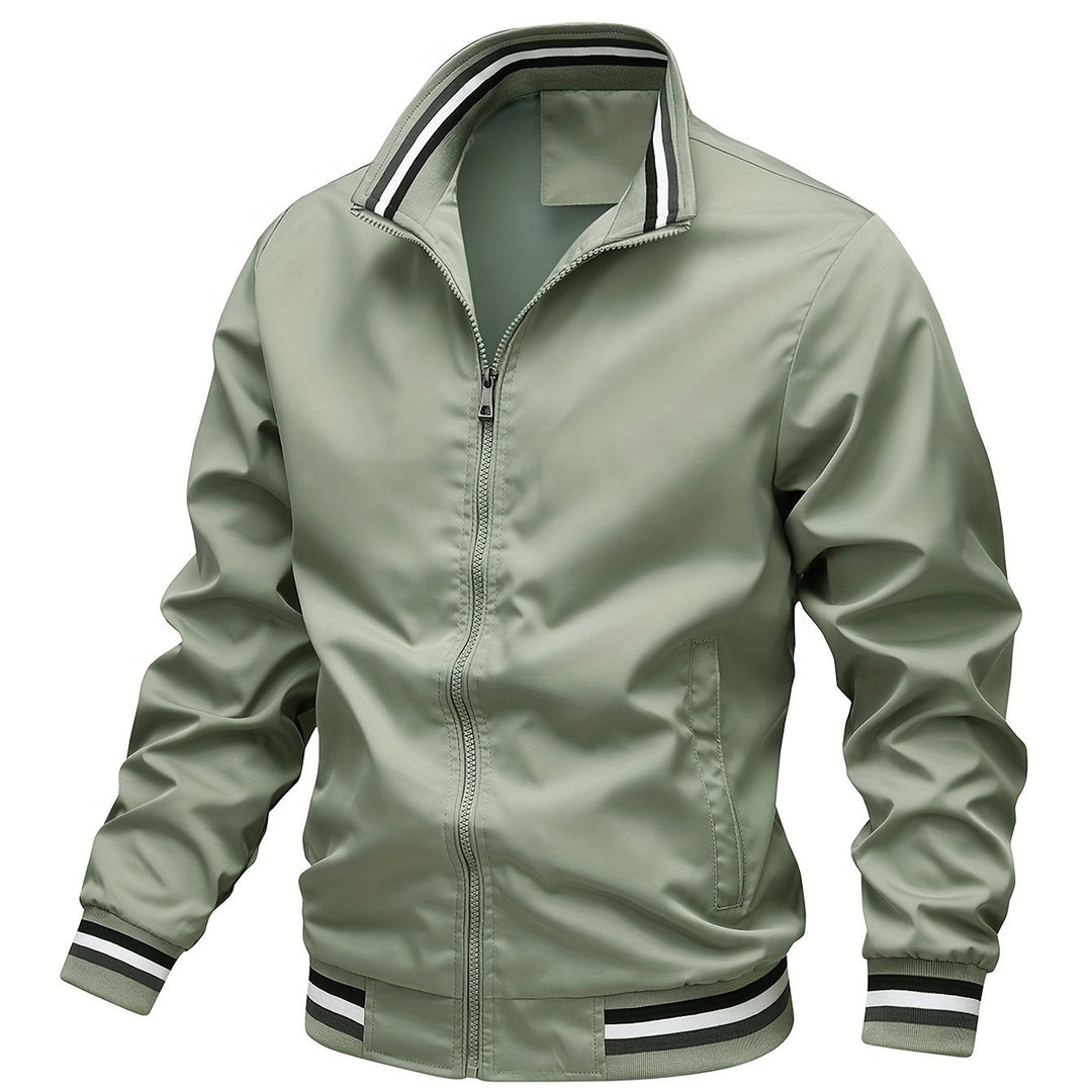 Stripe Edge Bomber Jacket, Men's Casual Stand Collar Zip Up Jacket For Spring Summer Outdoor