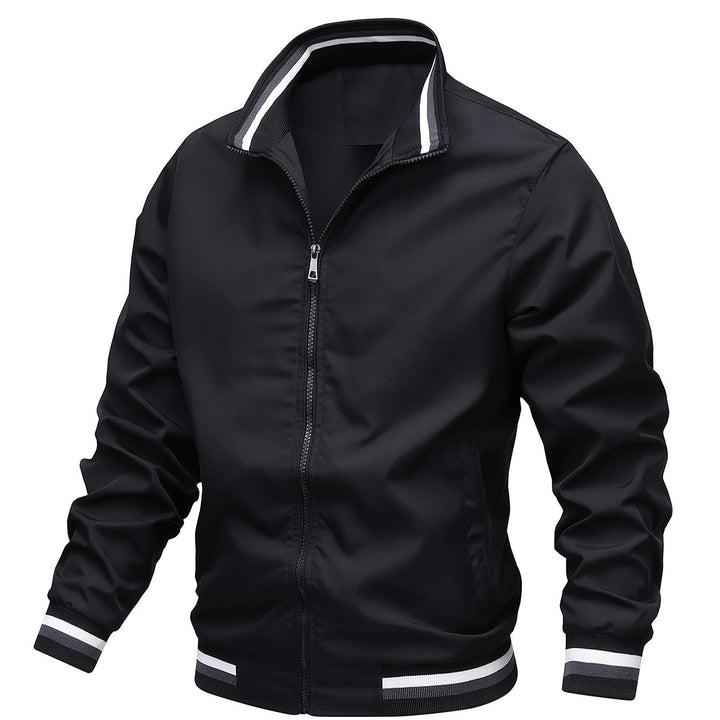 Stripe Edge Bomber Jacket, Men's Casual Stand Collar Zip Up Jacket For Spring Summer Outdoor