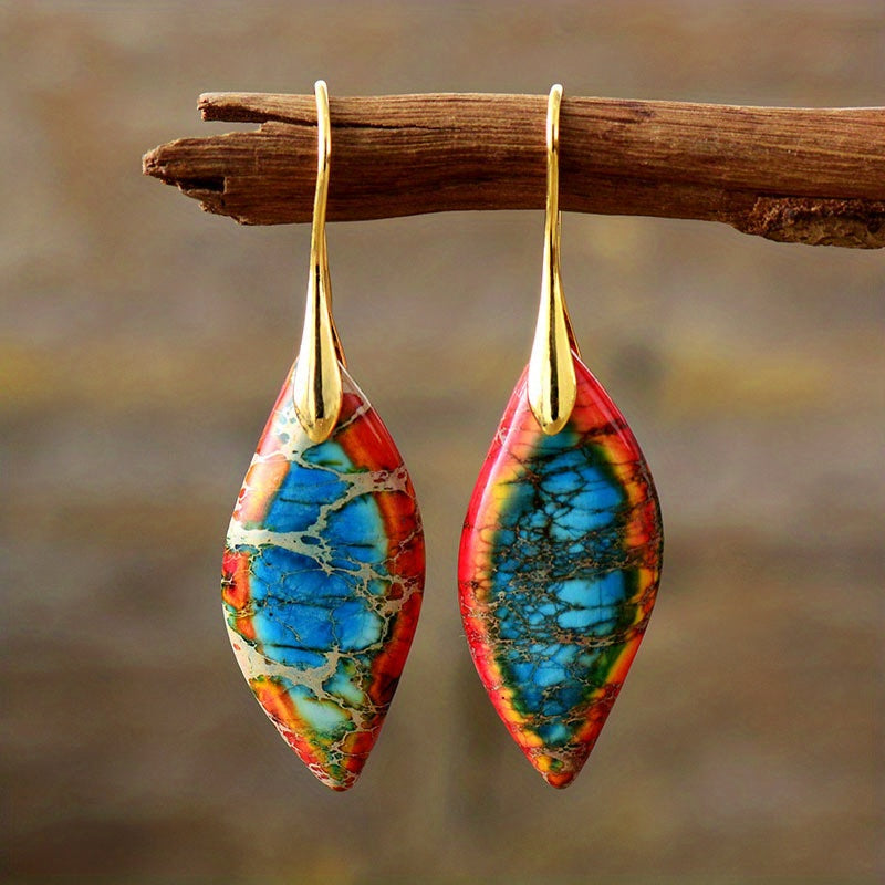 Exquisite Bohemian Imperial Stone Leaf Dangle Earrings - Natural, Handcrafted, Hypoallergenic Jewelry Gift for Women - Unique, Statement-Making, Everyday Accessory