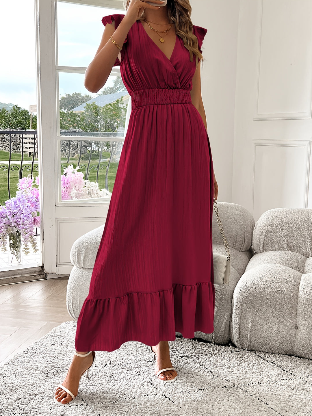 Elegant Surplice Neck Ruffle Sleeve Dress